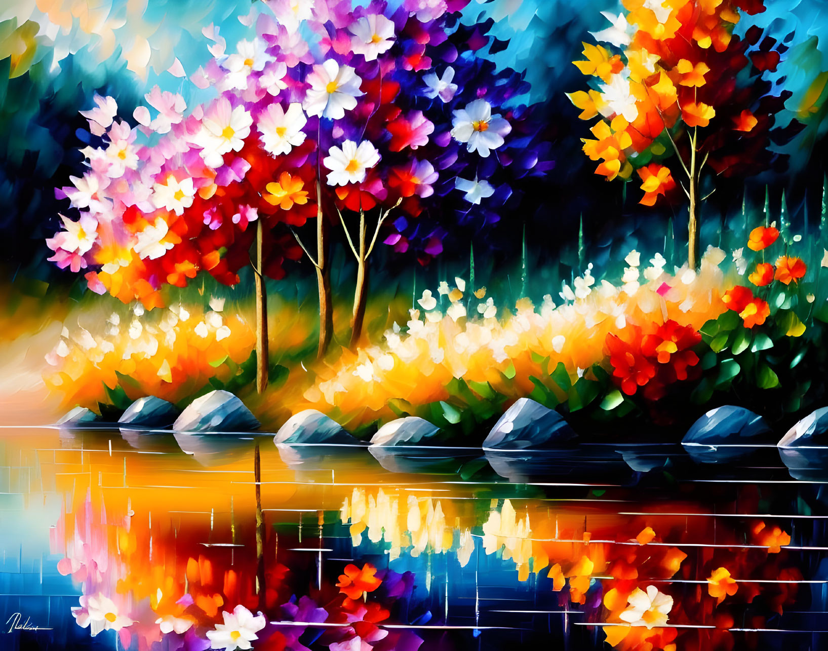 Vibrant Flower-Lined Riverbank in Impressionistic Style