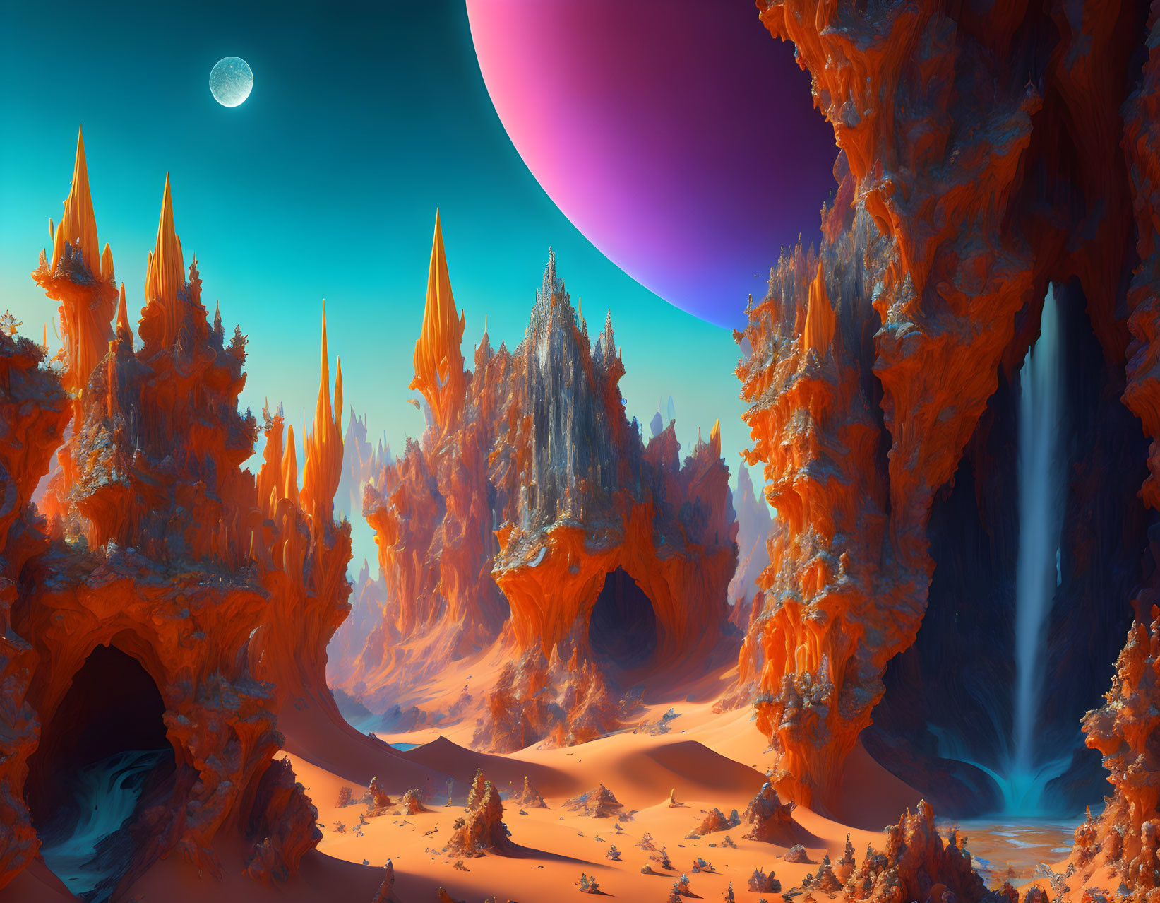 Colorful alien landscape with orange rocks, waterfalls, purple planet, and distant moon.