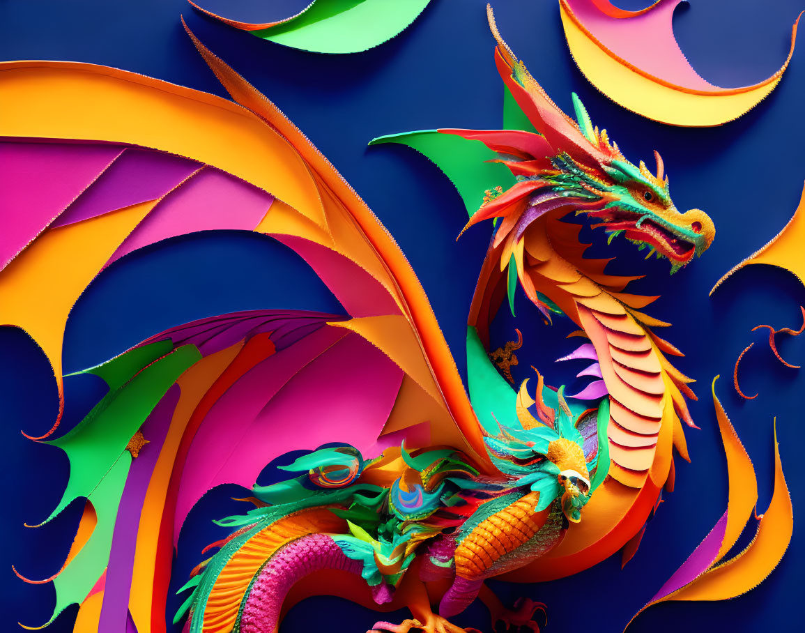 Vibrant dragon paper art on blue background with intricate details