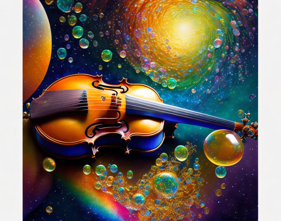 Vibrant violin surrounded by bubbles on cosmic background