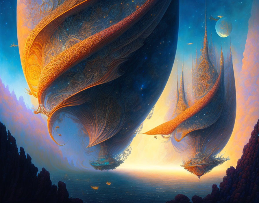 Golden ships float in vibrant sky over dusky landscape with distant planets.