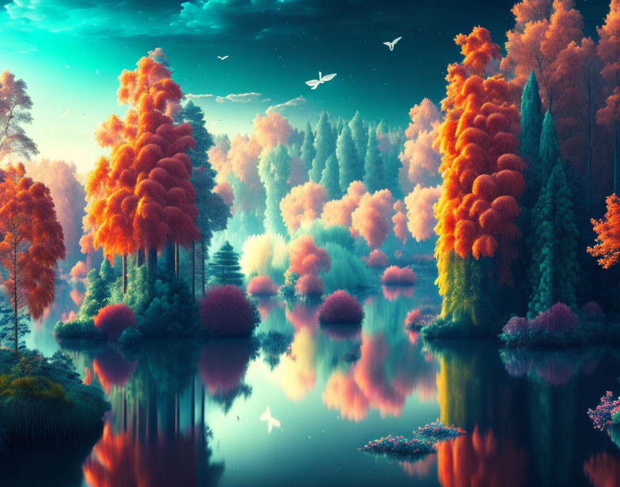 Colorful Trees Reflected in Still Water with Flying Birds in Dreamy Sky