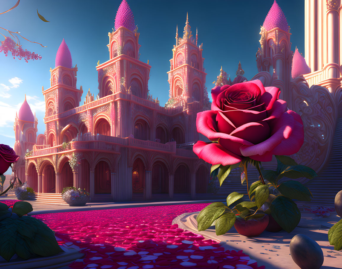 Gothic fantasy castle with pink hues, red rose, petal-strewn pathways, and