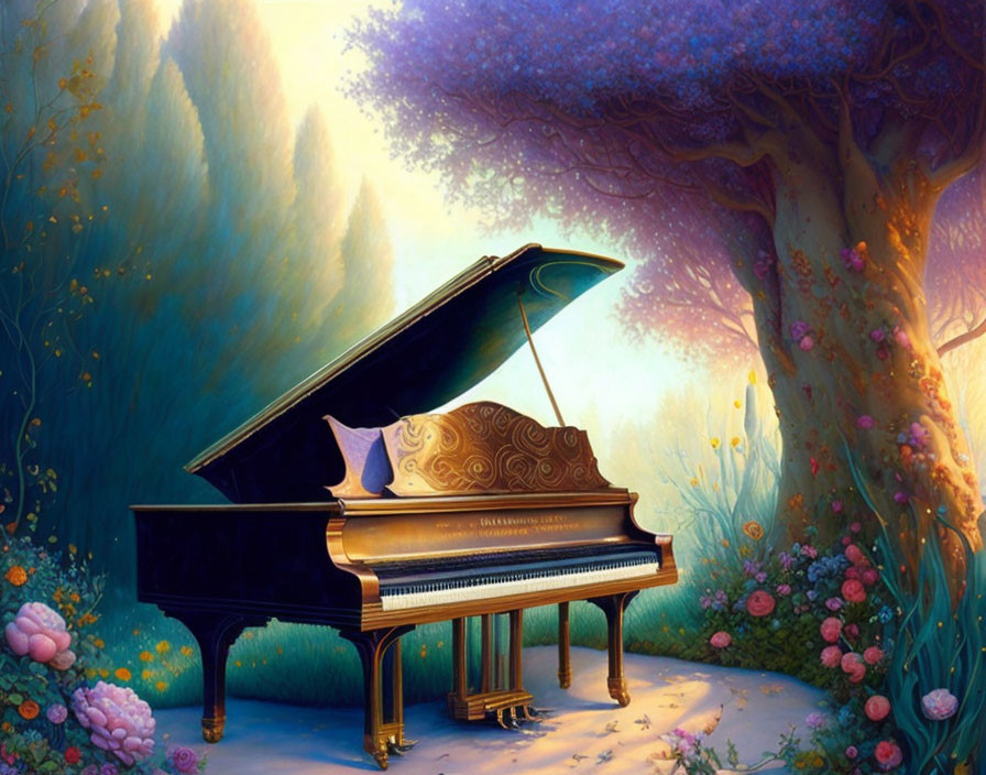 Grand Piano in Enchanting Forest Glade with Radiant Trees and Flowers