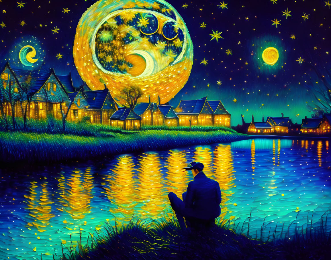 Person admiring starry night sky over river with glowing houses.