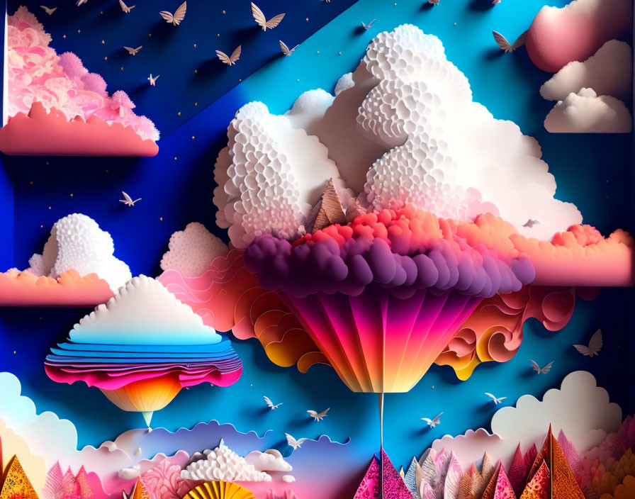 Vibrant multicolored clouds, birds, paper boats in surreal landscape