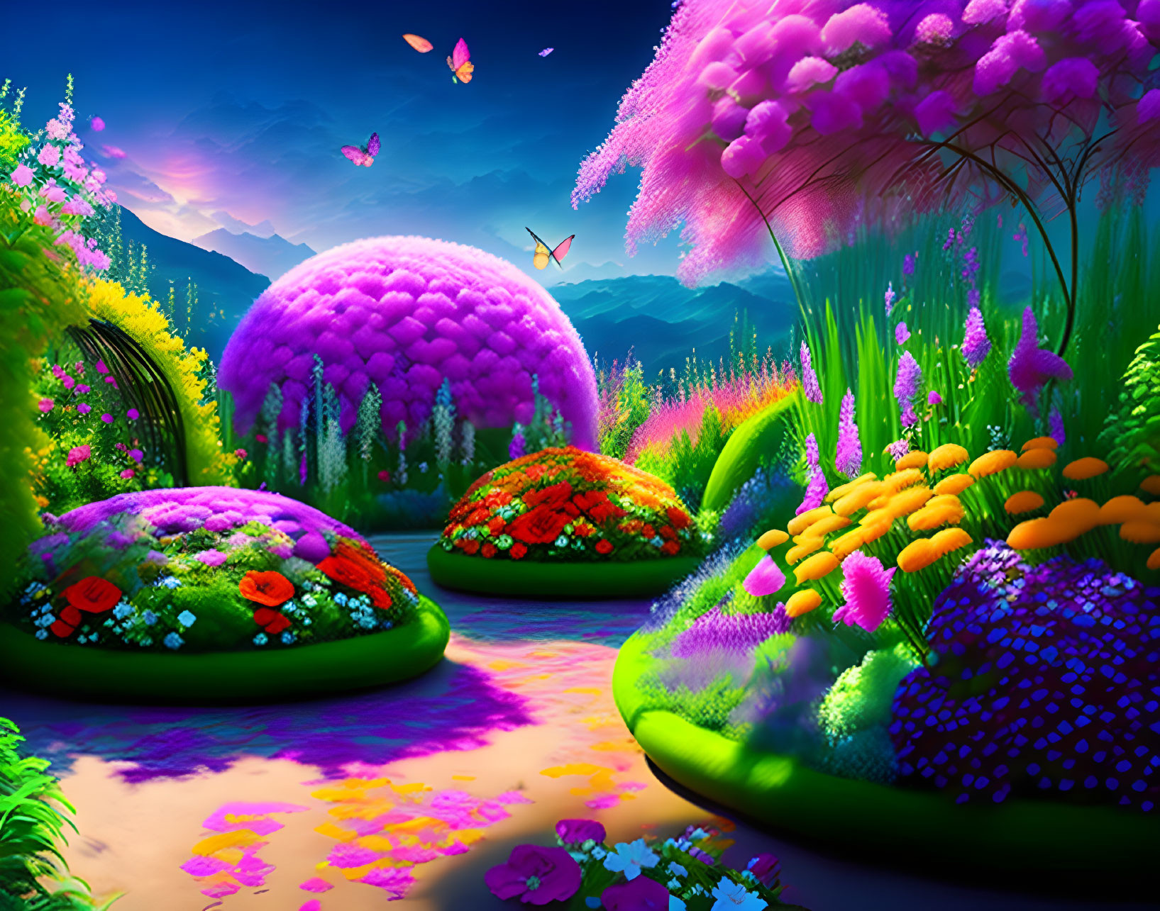 Colorful Fantasy Garden with Glowing Flowers and Butterflies