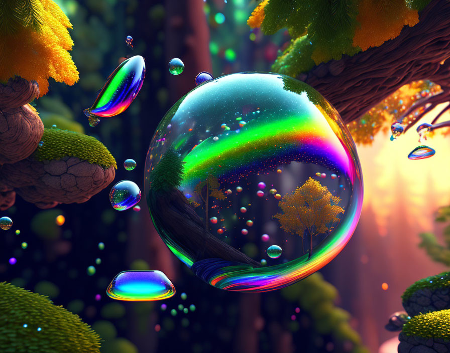 Colorful Oversized Soap Bubbles in Enchanted Forest with Neon Trees