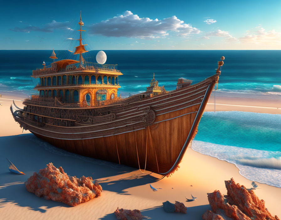 Ornate wooden ship beached on sandy shore with central dome