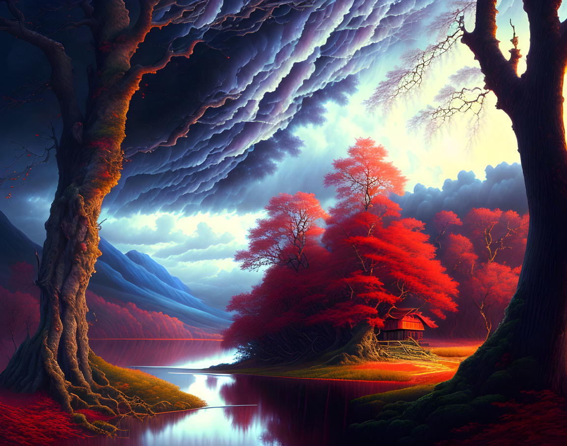 Serene fantasy landscape with red trees, calm lake, quaint house, dramatic clouds