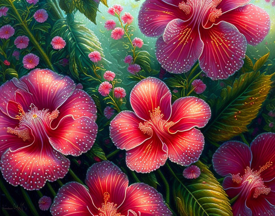 Detailed Pink Hibiscus Flowers in Lush Tropical Setting