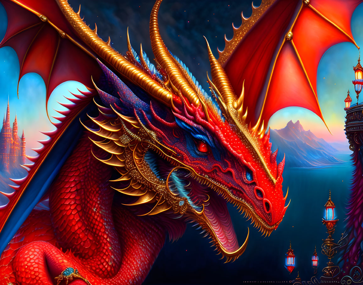 Red Dragon with Golden Horns and Blue Eyes in Fantasy Landscape