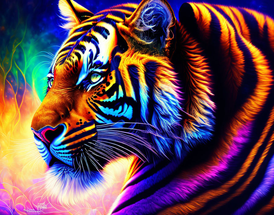 Colorful digital art: Multicolored tiger with intense eyes on abstract backdrop