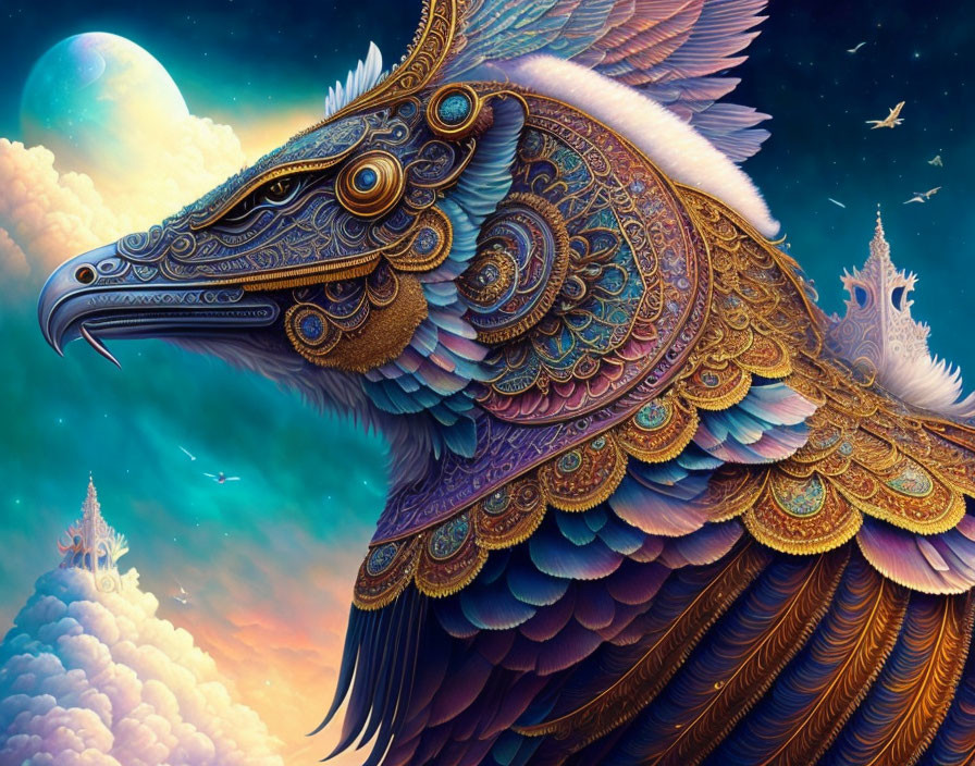 Ornate mythical bird artwork with golden patterns on celestial backdrop