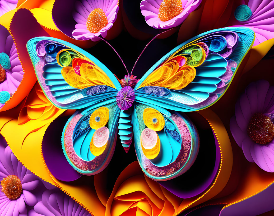 Colorful Butterfly Art with Intricate Patterns on Vibrant Flower Background