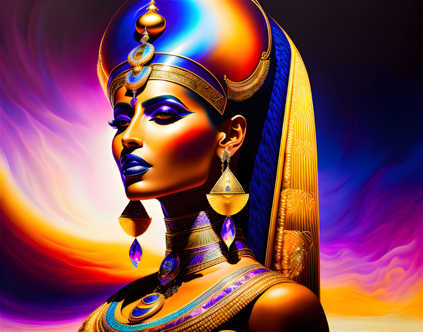 Egyptian queen portrait with golden headdress and sunset backdrop