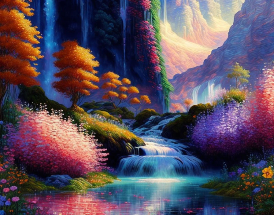 Colorful Fantasy Landscape with Waterfalls, River, and Floral Vegetation