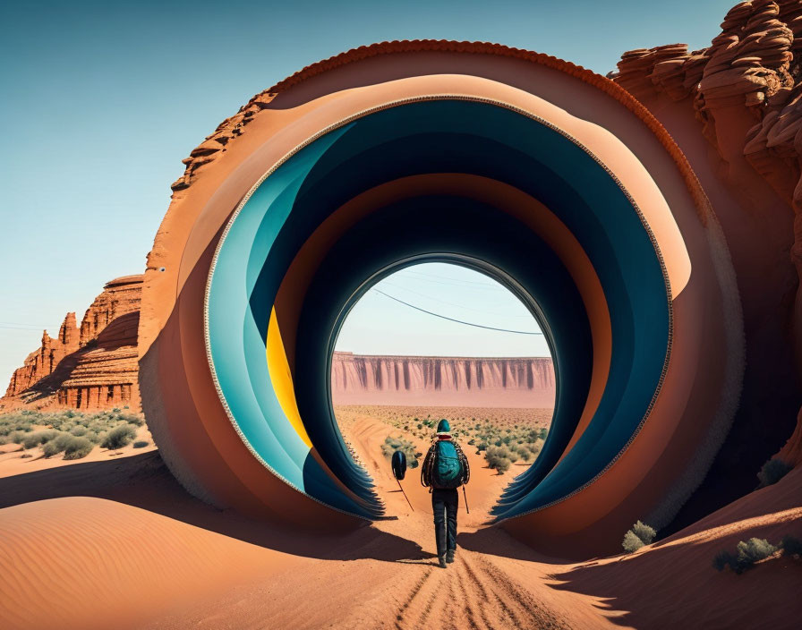 Backpacker in multicolored desert tunnel