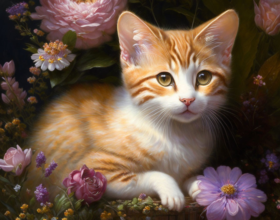 Orange and White Kitten in Pink and Purple Flowers on Dark Background