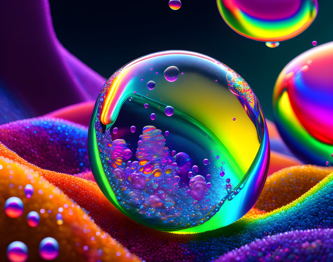 Colorful iridescent bubbles on textured rainbow background