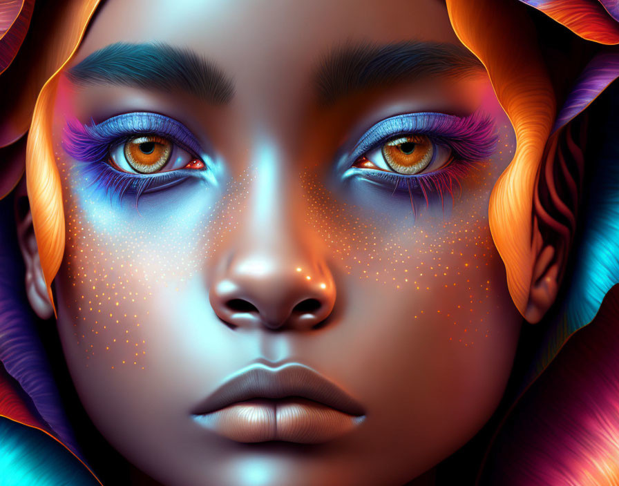 Vibrant blue and orange digital illustration of a woman with cosmic freckles.