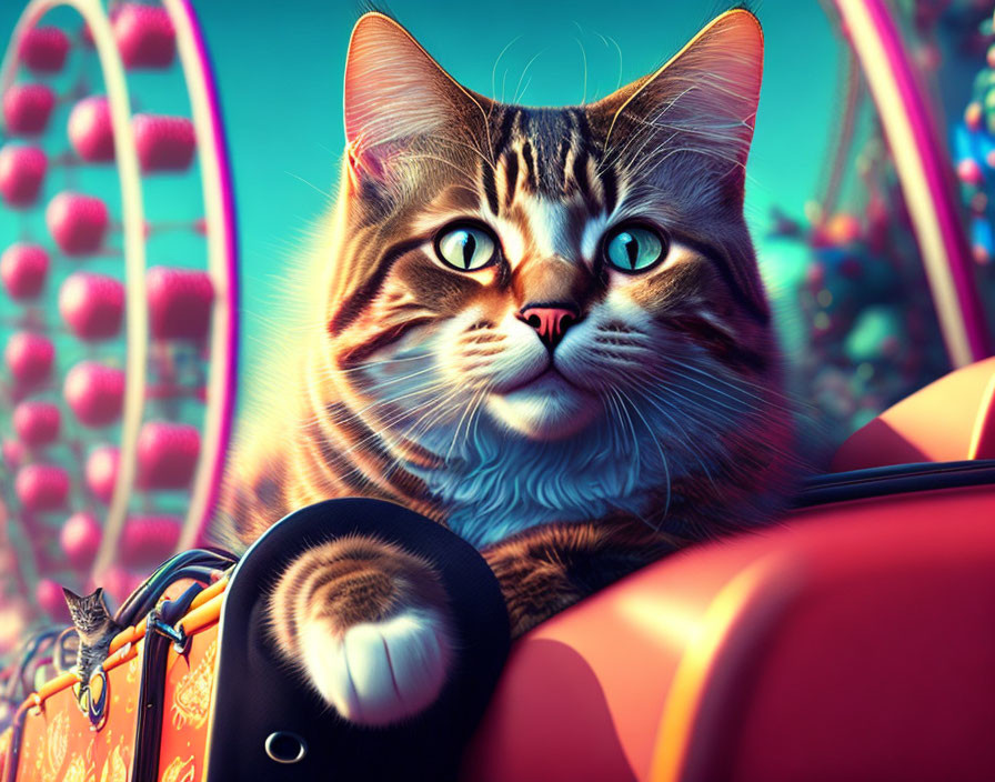 Striped Cat on Suitcase with Amusement Park Background