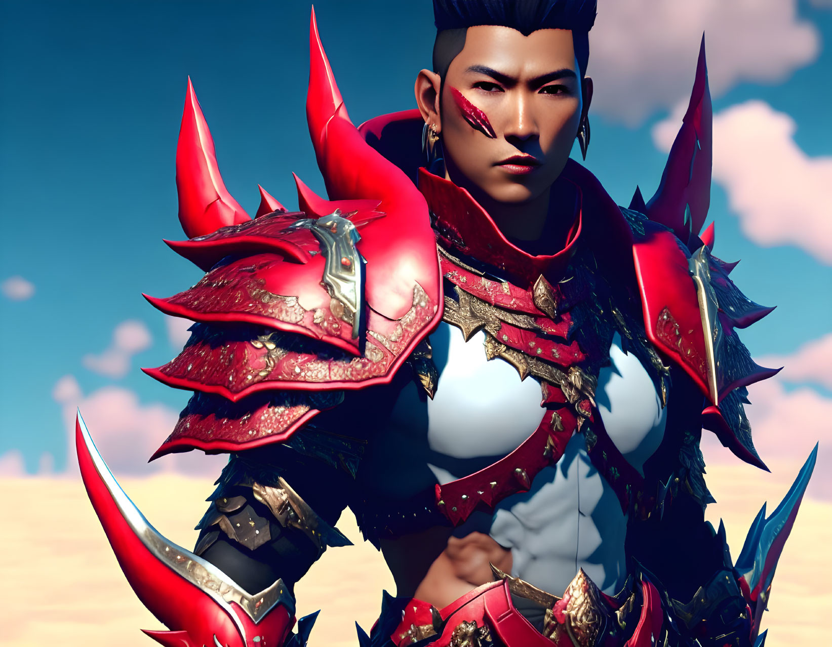 Digital Artwork: Character in Red Spiked Armor on Cloudy Sky Background