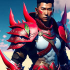 Digital Artwork: Character in Red Spiked Armor on Cloudy Sky Background