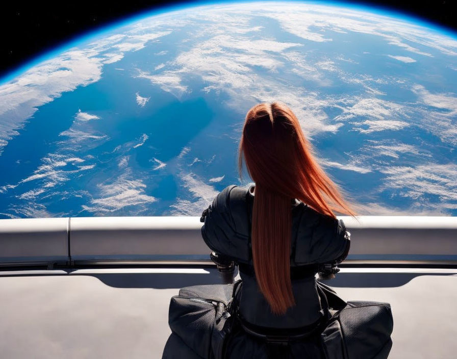 Red-haired person admires Earth from spacecraft window in stunning image.