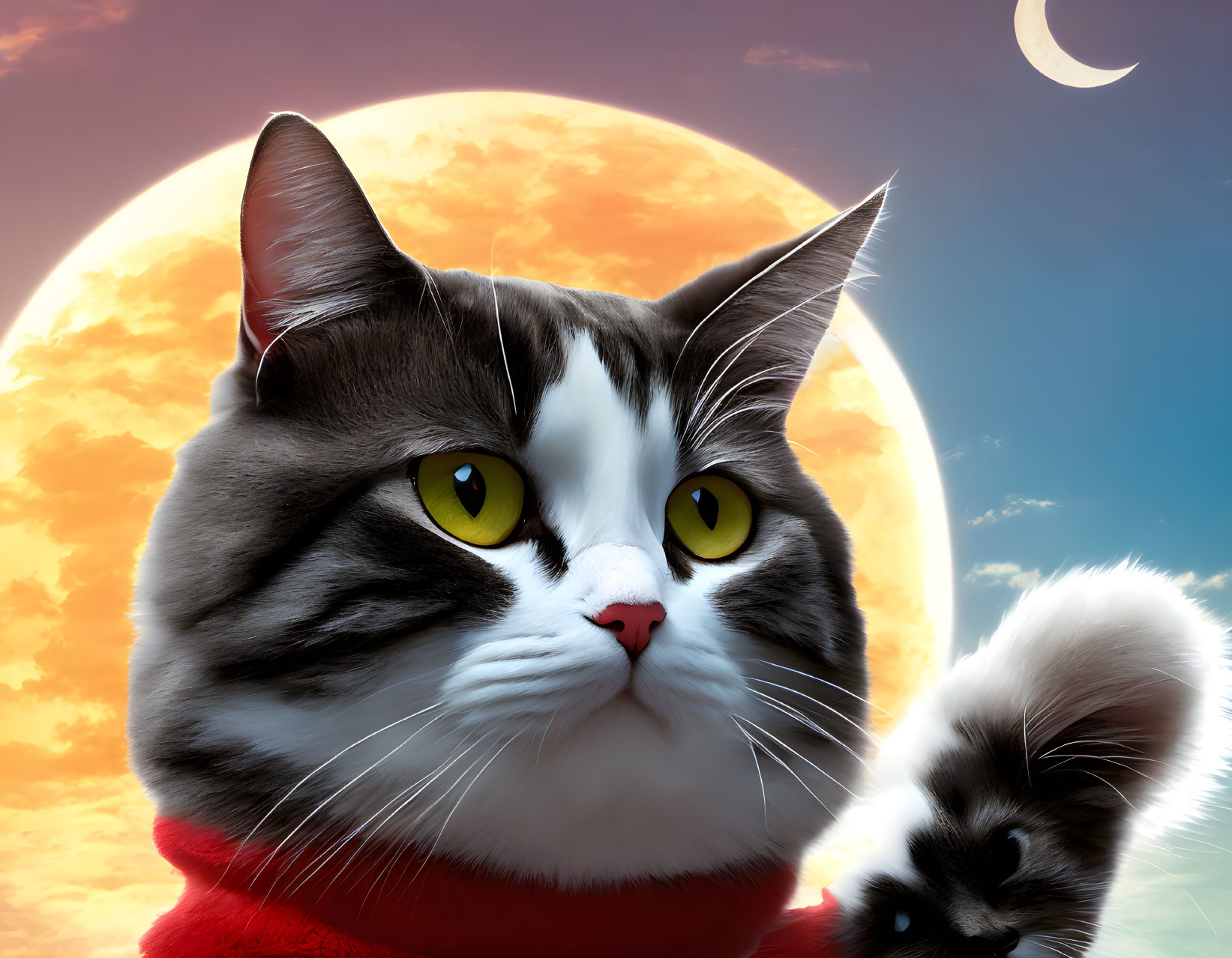 Green-eyed cat with red scarf in surreal sky with sun and moon