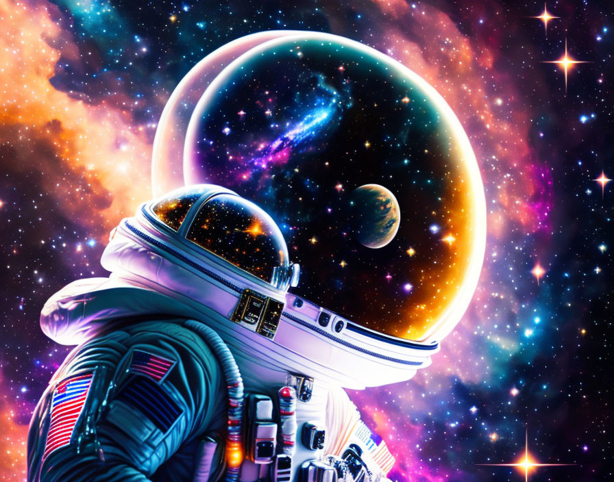 Astronaut admiring vibrant cosmic scene with large planet and stars