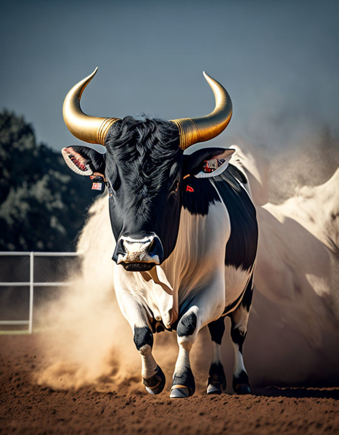 Majestic black and white bull with long curved horns in dusty arena