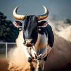 Majestic black and white bull with long curved horns in dusty arena