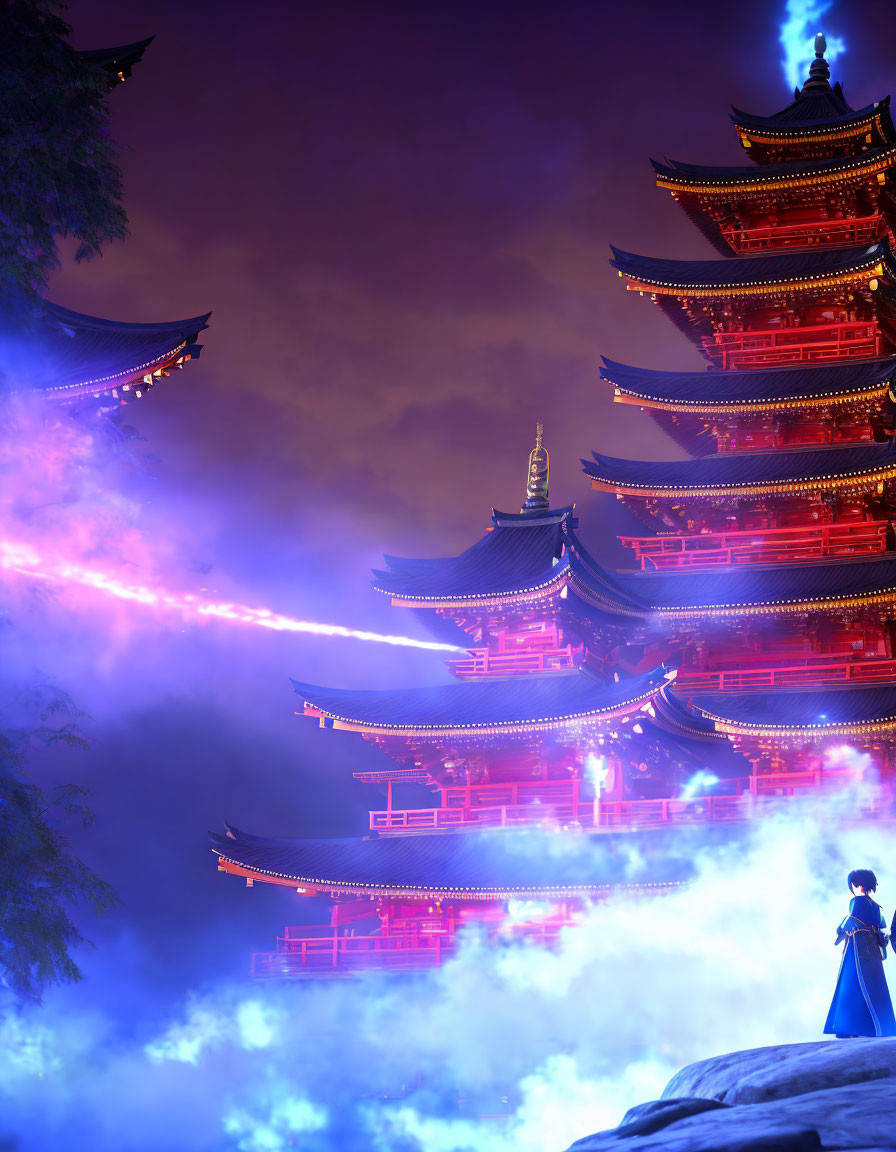 Traditional Attire Figure by Illuminated Pagoda at Night