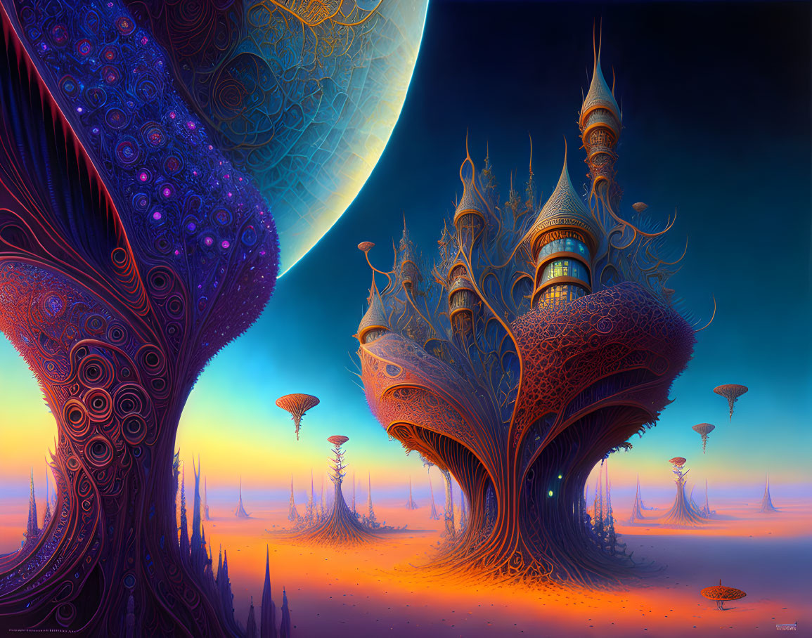 Fantastical Landscape with Organic Structures and Celestial Body in Vibrant Colors