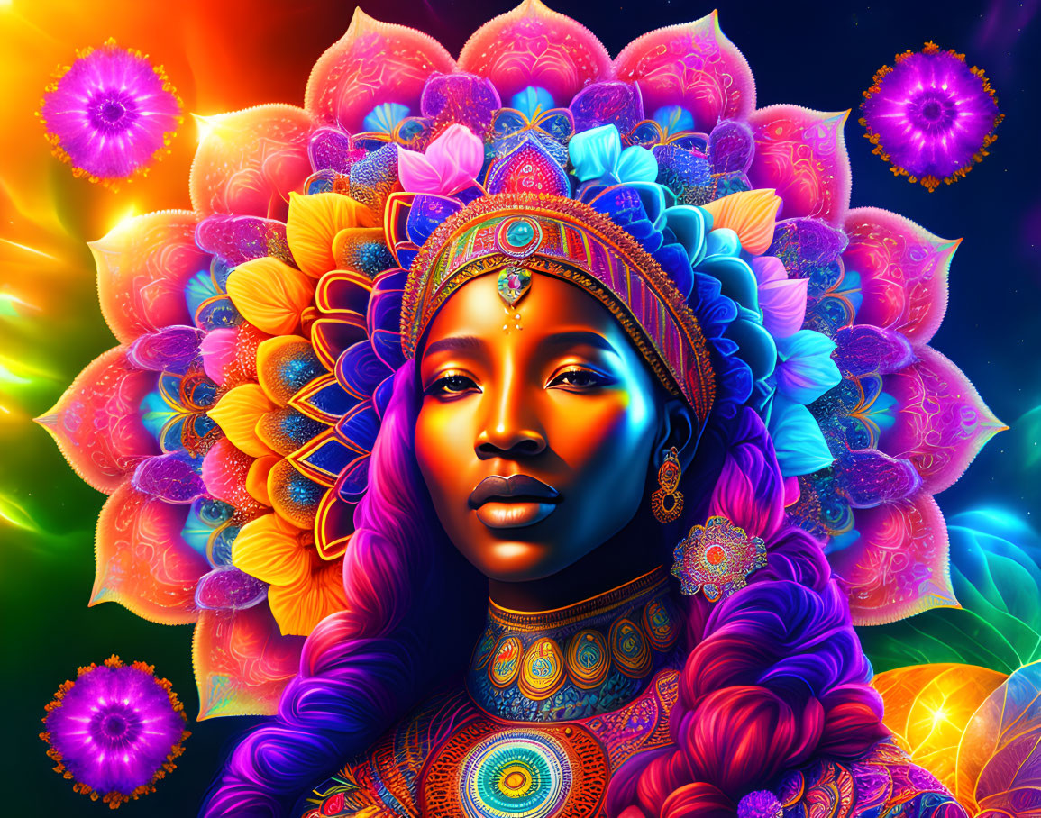 Colorful Digital Artwork: Woman with Ornate Headpieces and Psychedelic Floral Patterns