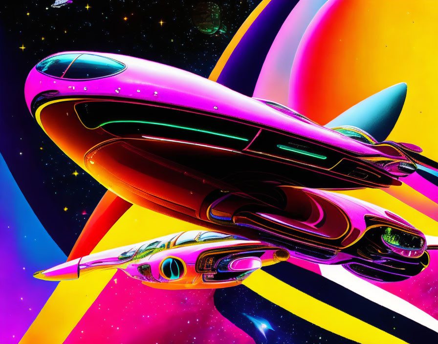 Colorful Spaceships Soaring in Psychedelic Cosmic Scene