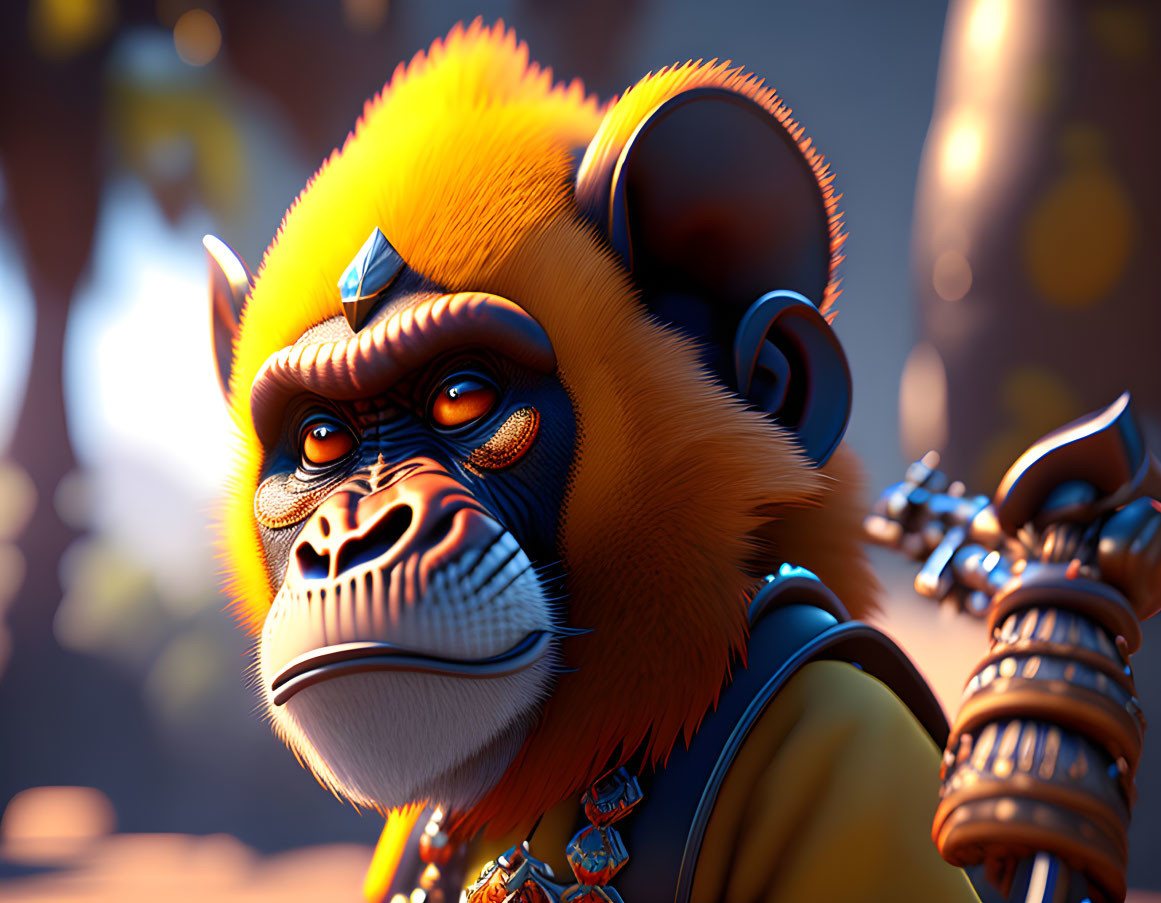 Stylized mandrill in headphones with ornate jewelry on bokeh-lit background