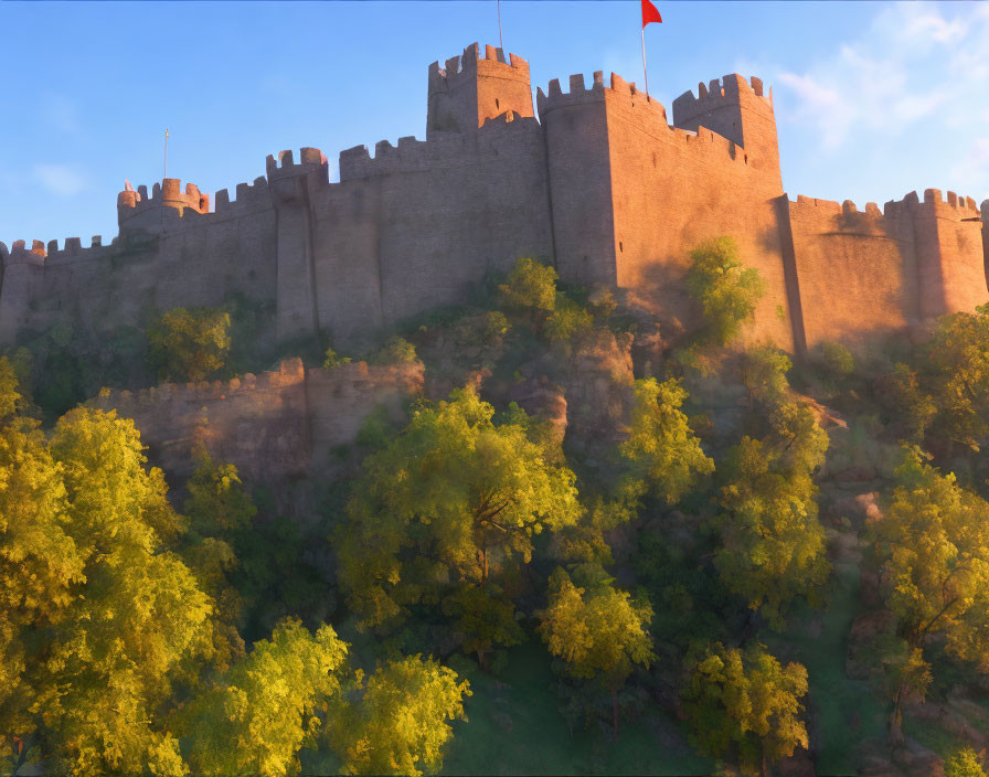 Majestic castle on lush hill in golden hour sunlight