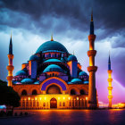 Majestic illuminated mosque with crescent moon in dramatic night sky