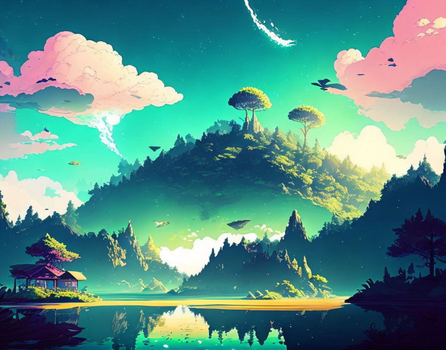 Surreal landscape with house by lake, floating islands, vibrant skies