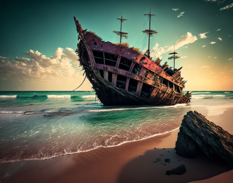 Abandoned shipwreck on sandy beach at sunset