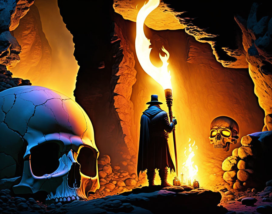 Cloaked figure with torch in skull-filled cavern and giant skull.