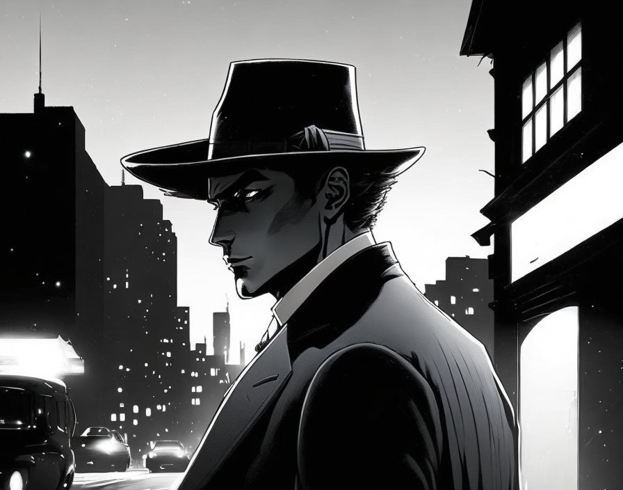 Monochrome cityscape with stern-faced man in hat