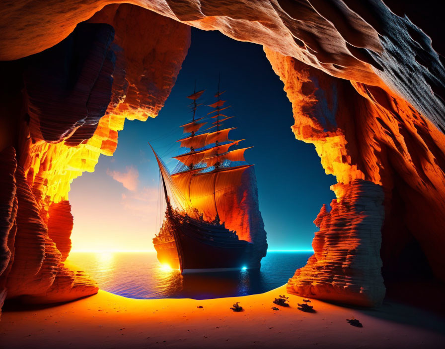 Sailing ship entering sunlit cave with blue waters and orange sunset