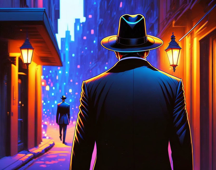 Stylized illustration of two men in suits walking in neon-lit city alley