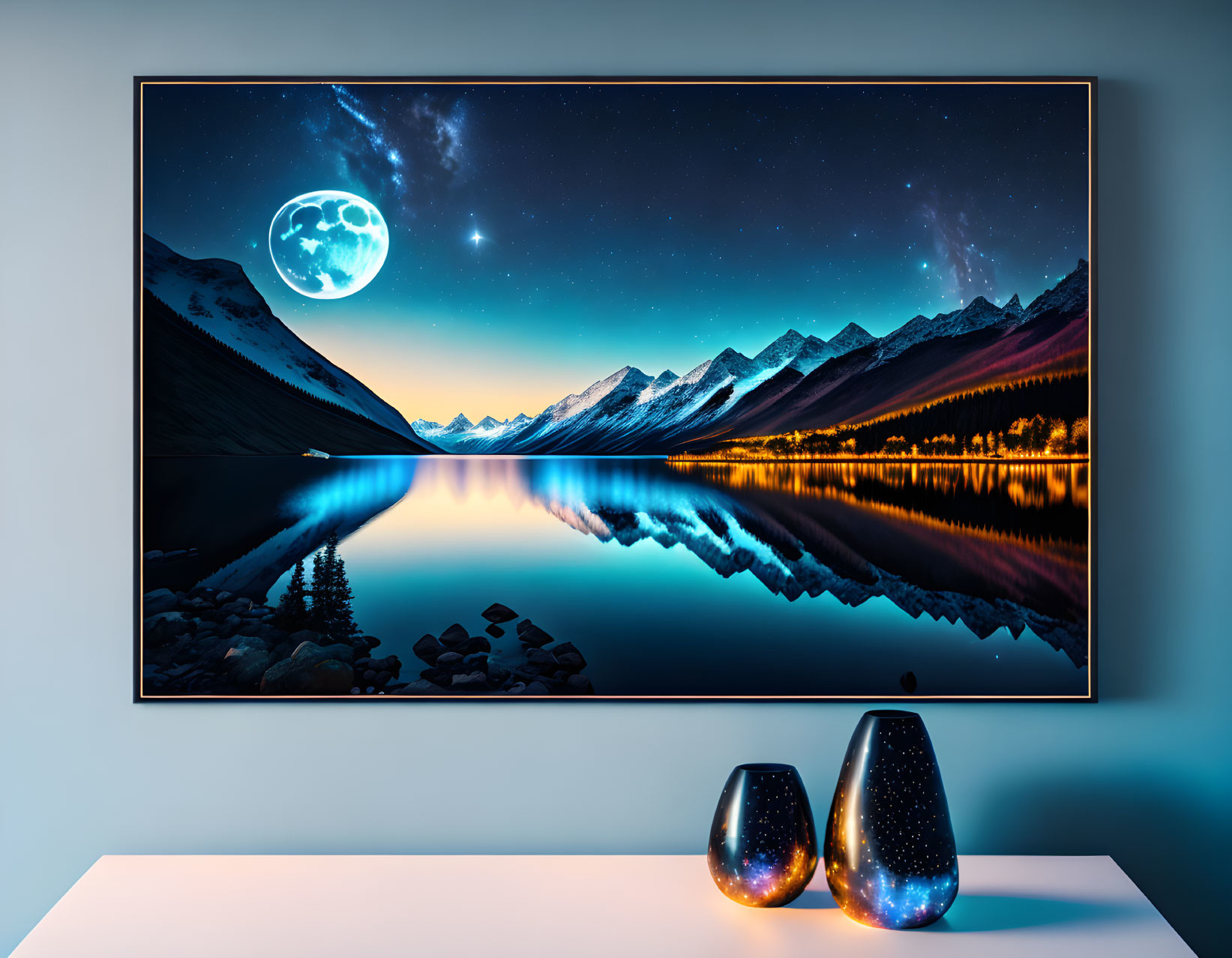 Night landscape with full moon, mountains, lake reflection on wall above shelf.