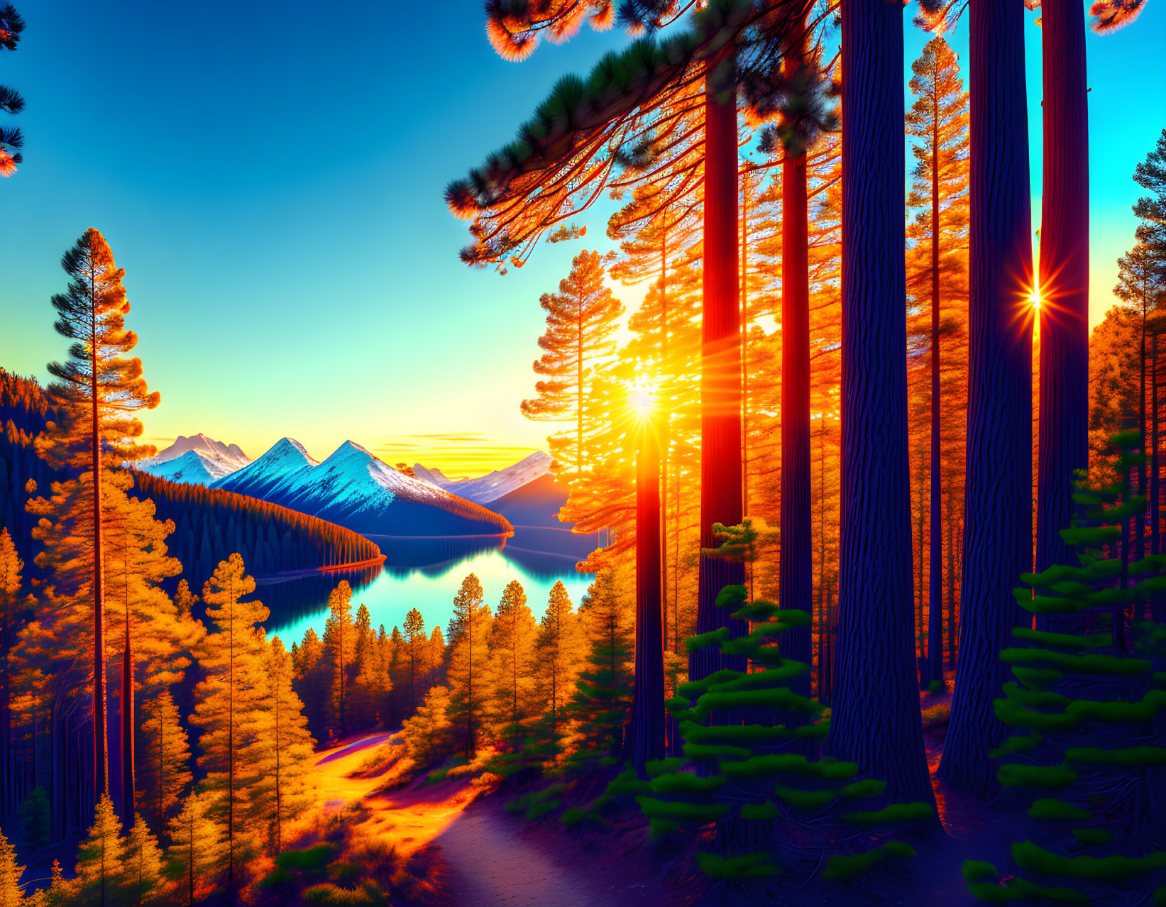 Colorful Sunset Behind Tall Trees at Mountain Lake