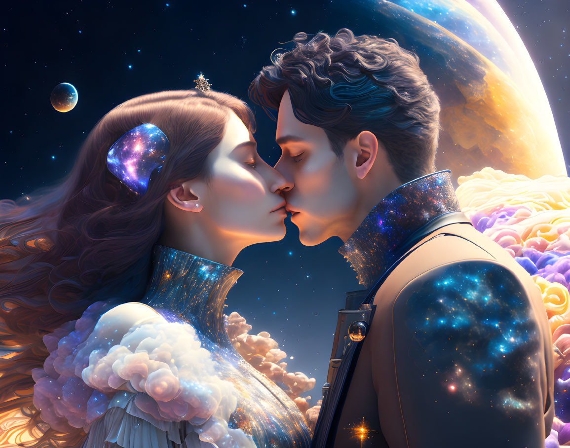 Romantic couple embracing with celestial motifs on cosmic backdrop