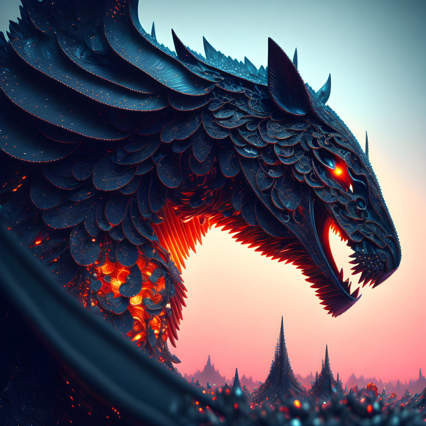 Detailed image: Fierce dragon with red glowing eyes and scales against spiky silhouettes under